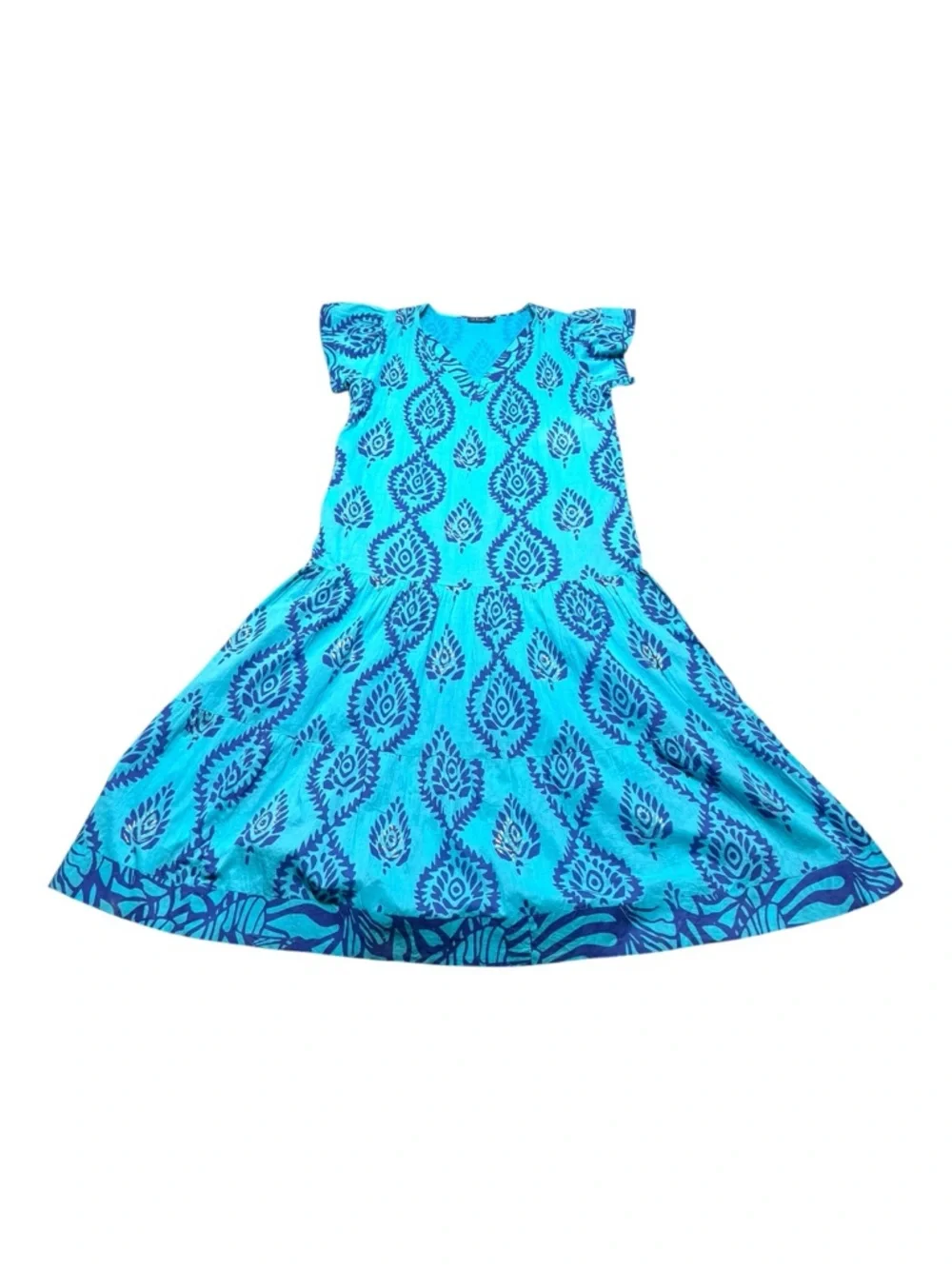 LA PLAGE Women’s Dress Large Maxi Cotton Turquoise Blue Boho Geometric Designer - Picture 7 of 11